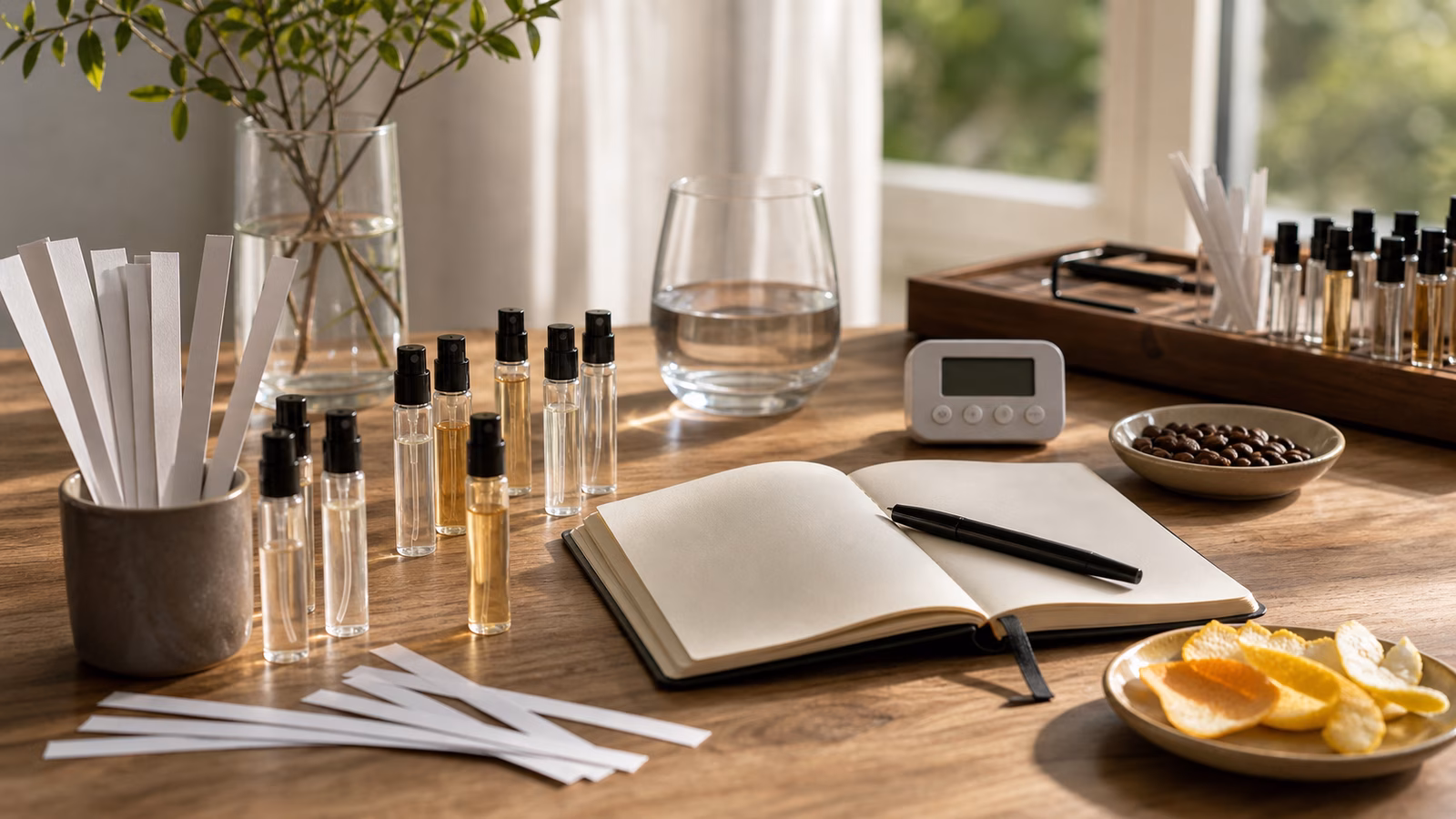 A calm fragrance sampling desk with unbranded vials, blotter strips, a notebook, water glass, citrus peel, coffee beans set aside, and a small timer.