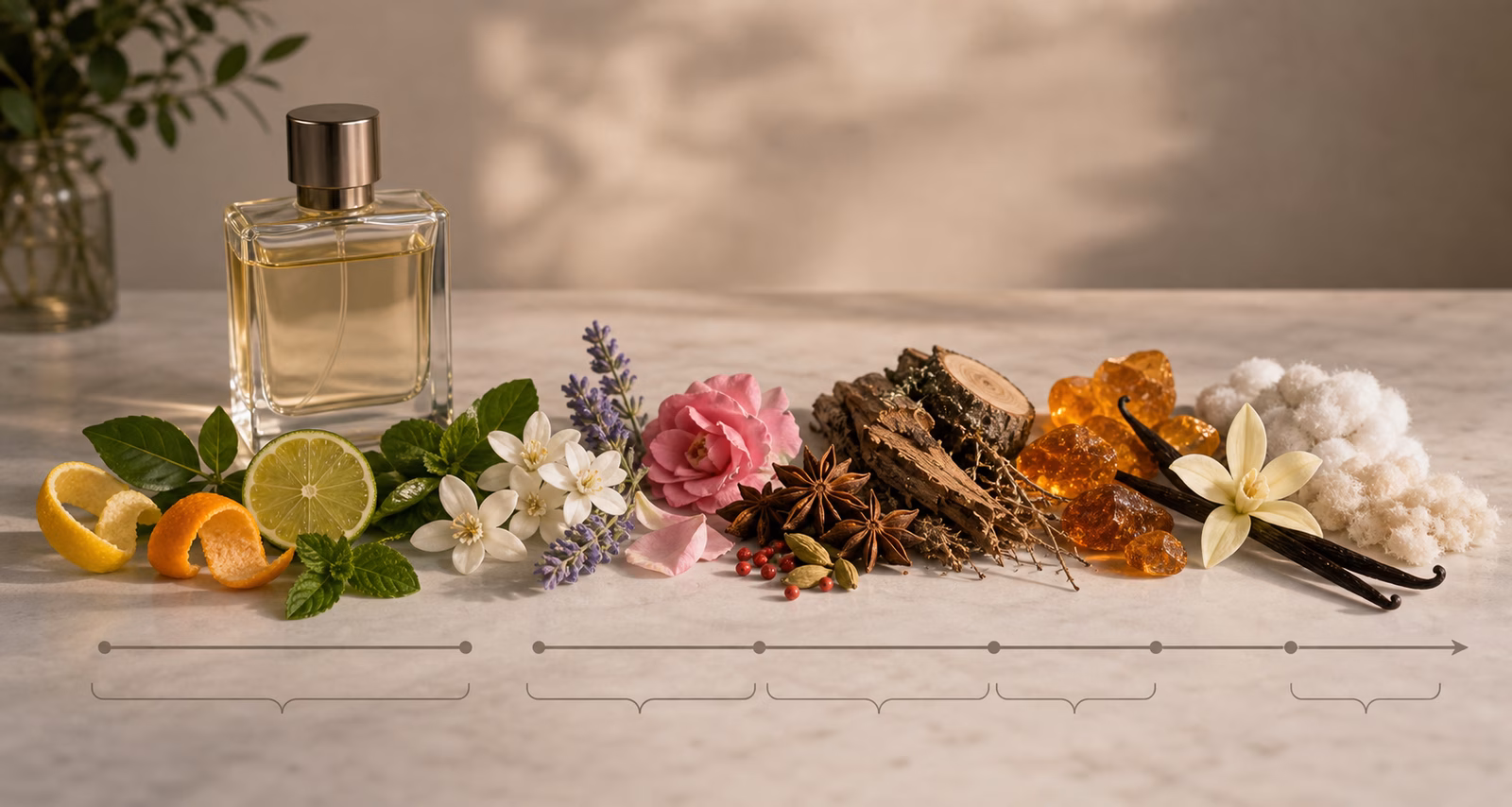A fragrance note progression still life with citrus, green leaves, flowers, spices, woods, amber resin, vanilla, and cotton musk