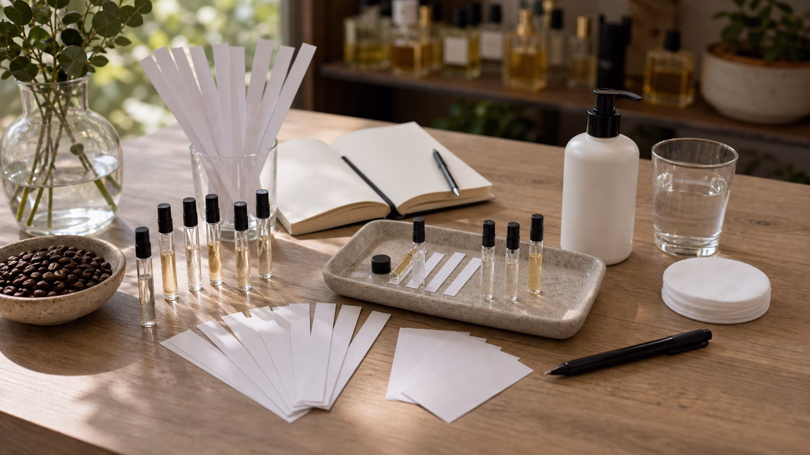A fragrance sampling workflow with sample vials, blotter strips, closed notebook, coffee beans, unscented lotion, and sample tray