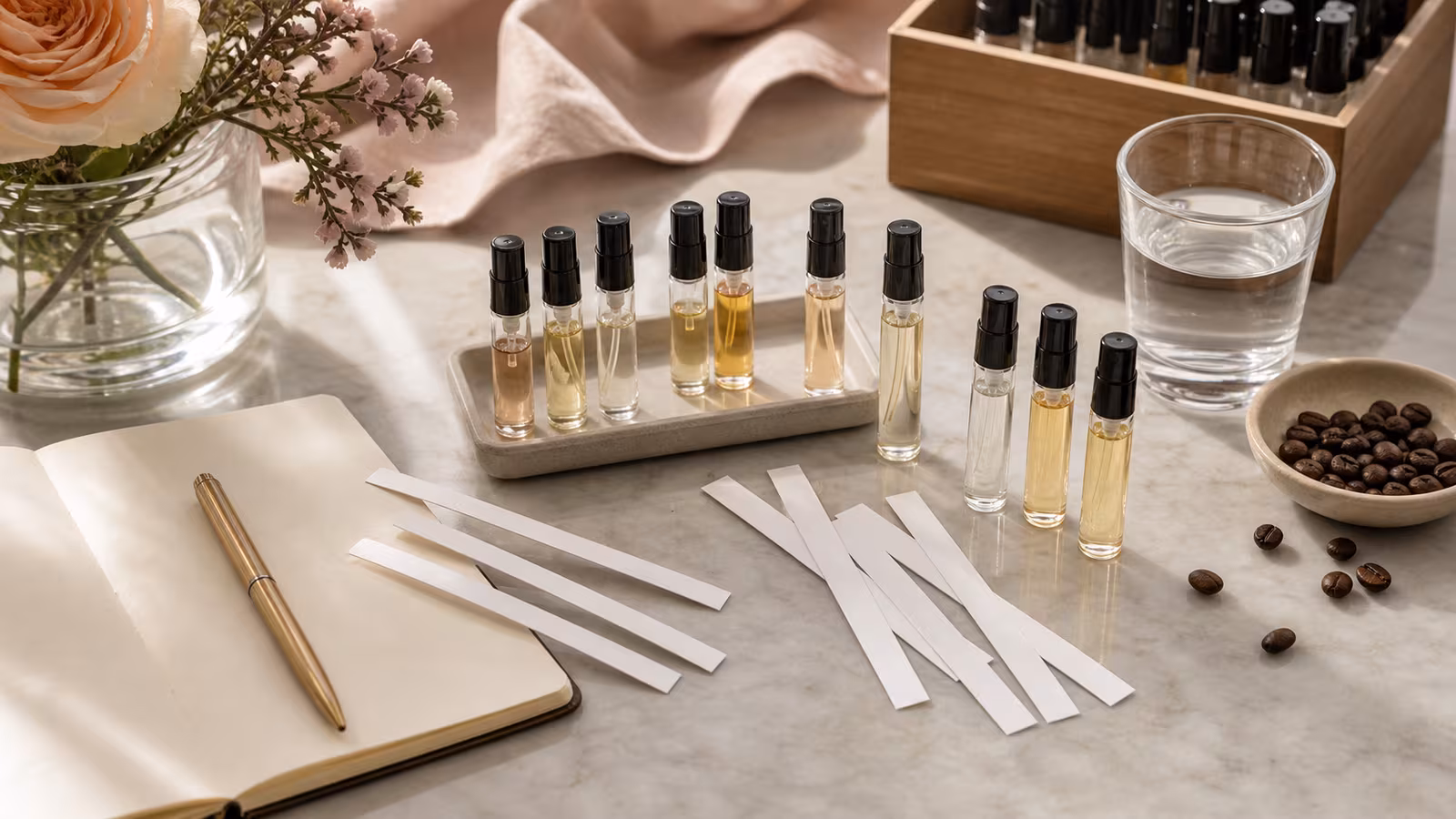 Sample vials, blotter strips, a blank notebook, a pen, coffee beans, and water arranged as a calm fragrance sampling station.