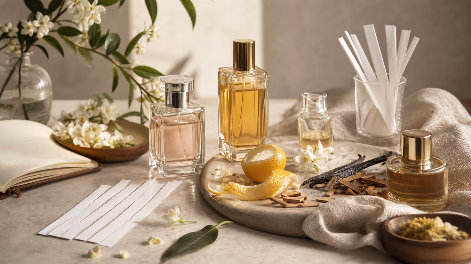 A fragrance desk with perfume bottles, sample vials, blotters, citrus peel, jasmine petals, cedar chips, vanilla bean, and a notebook arranged for a beginner scent study