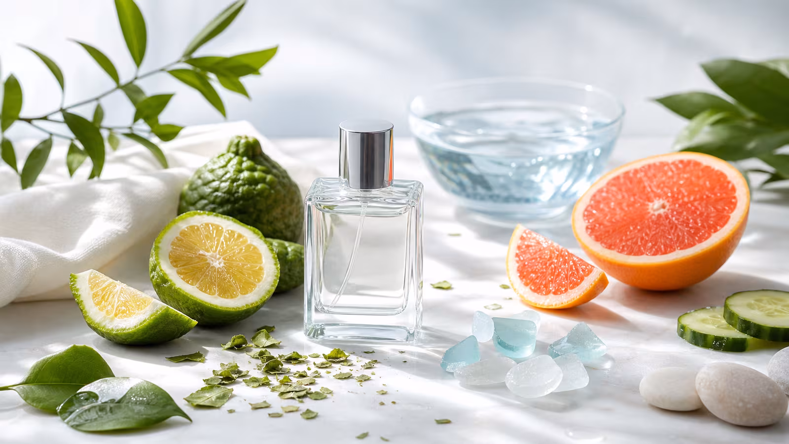 A clear perfume bottle with bergamot, grapefruit, green leaves, cucumber, sea glass, and cotton-like fabric for fresh fragrance notes.