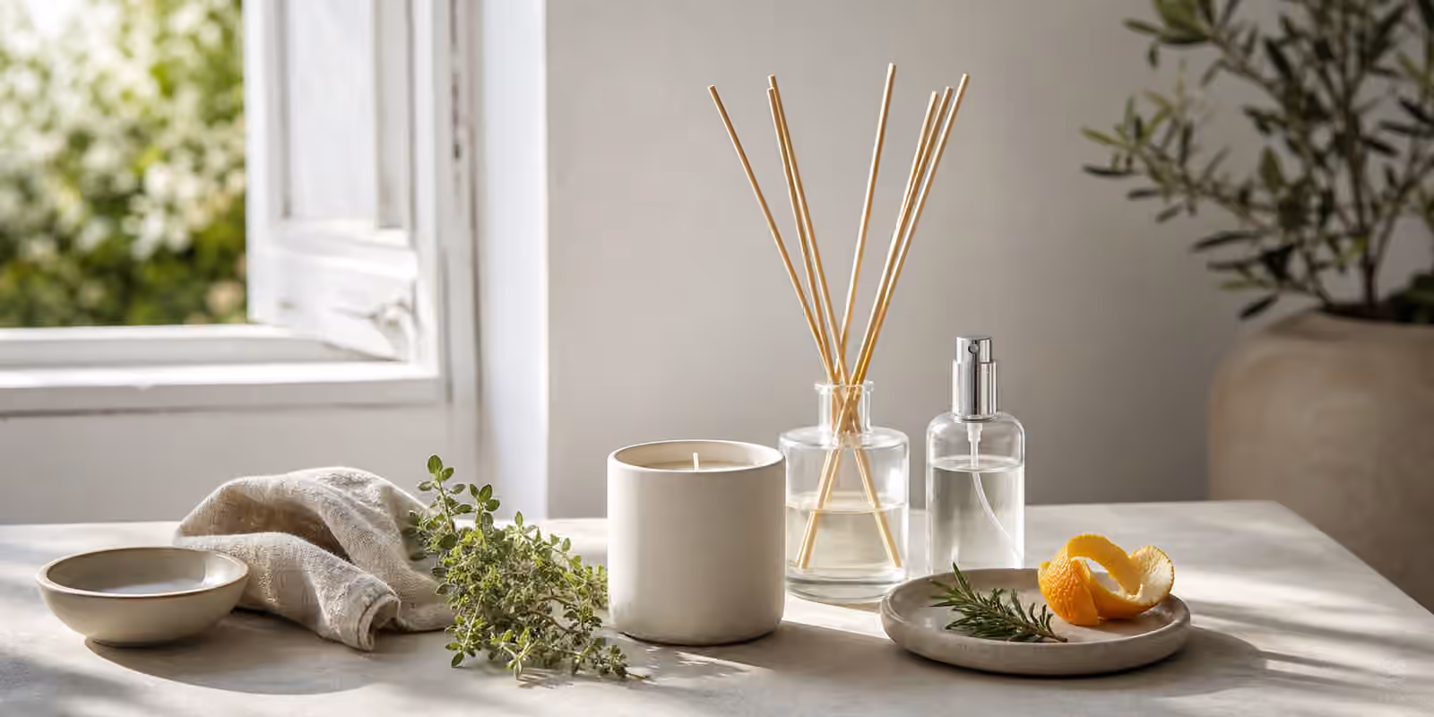 A calm home fragrance arrangement with an unlit candle, reeds in a plain diffuser bottle, a room spray, linen, citrus peel, herbs, and a small open window.