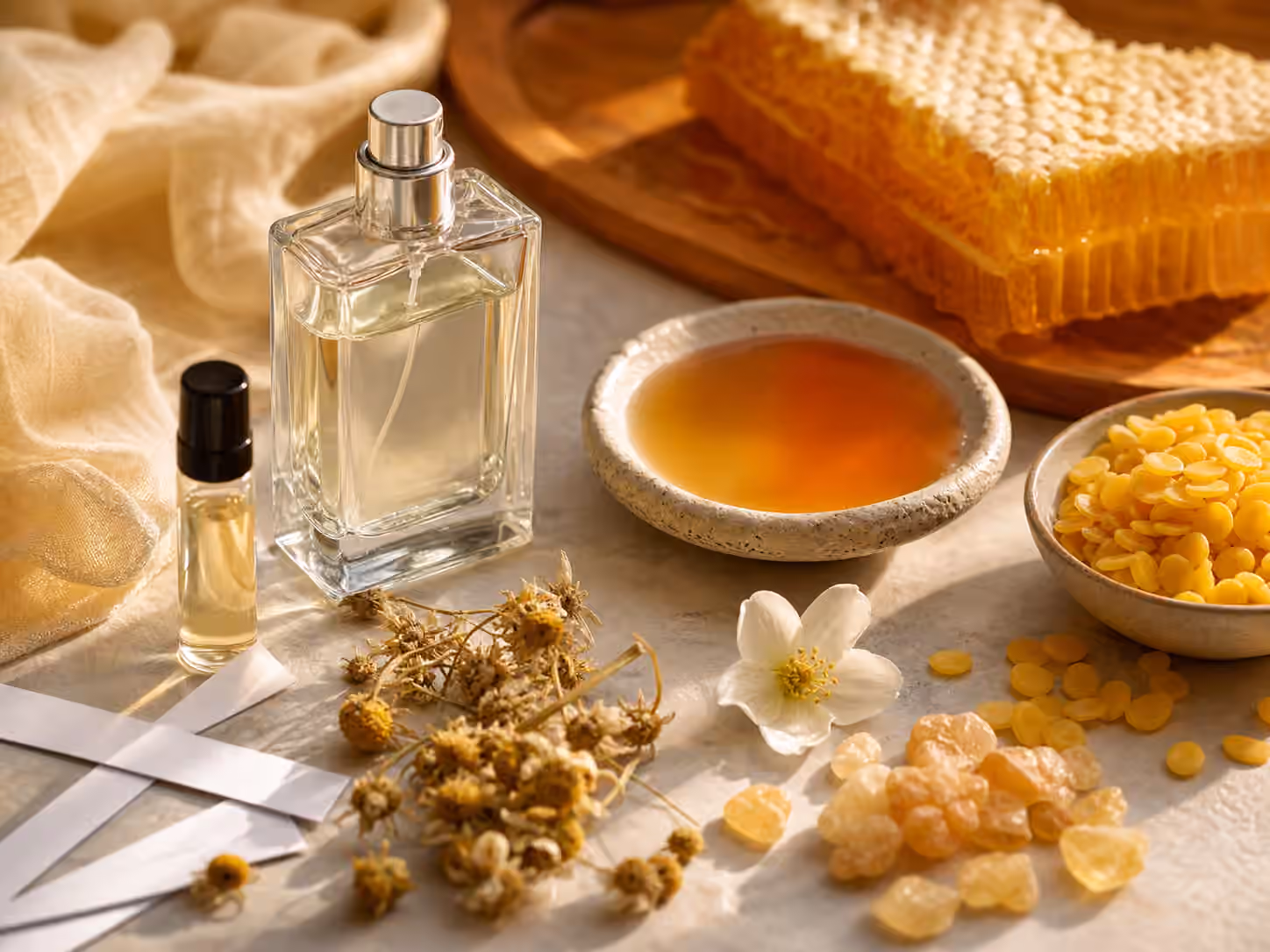 An unbranded perfume bottle with honeycomb, beeswax chips, amber honey, chamomile, white petals, resin tears, blotters, and a sample vial.