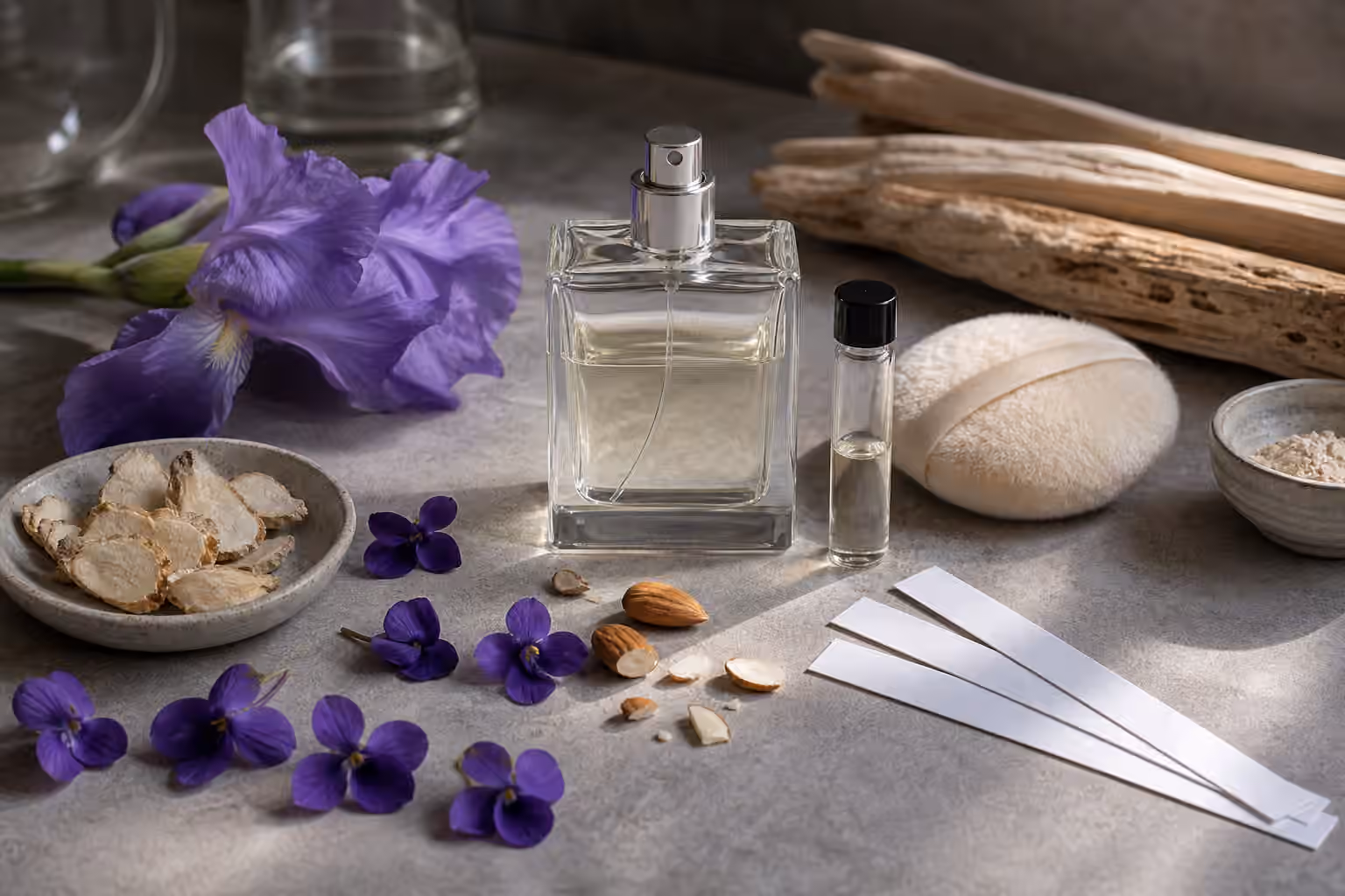 An unbranded perfume bottle with iris flower, violet petals, sliced pale roots, almonds, a powder puff, woods, a sample vial, and blotter strips.