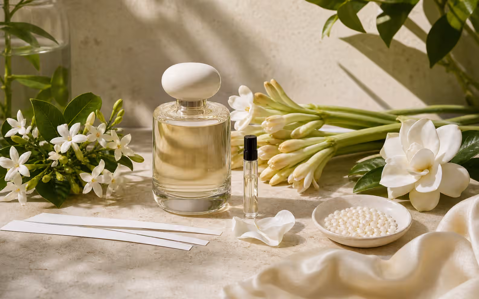 An unbranded perfume bottle with jasmine flowers, tuberose stems, gardenia petals, green leaves, cream silk, blotters, and a sample vial.