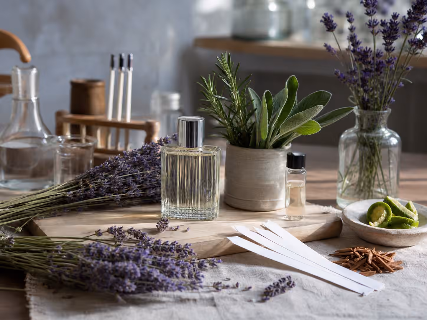 An unbranded perfume bottle with lavender stems, rosemary, sage, bergamot peel, cedar chips, blank blotters, and a sample vial.