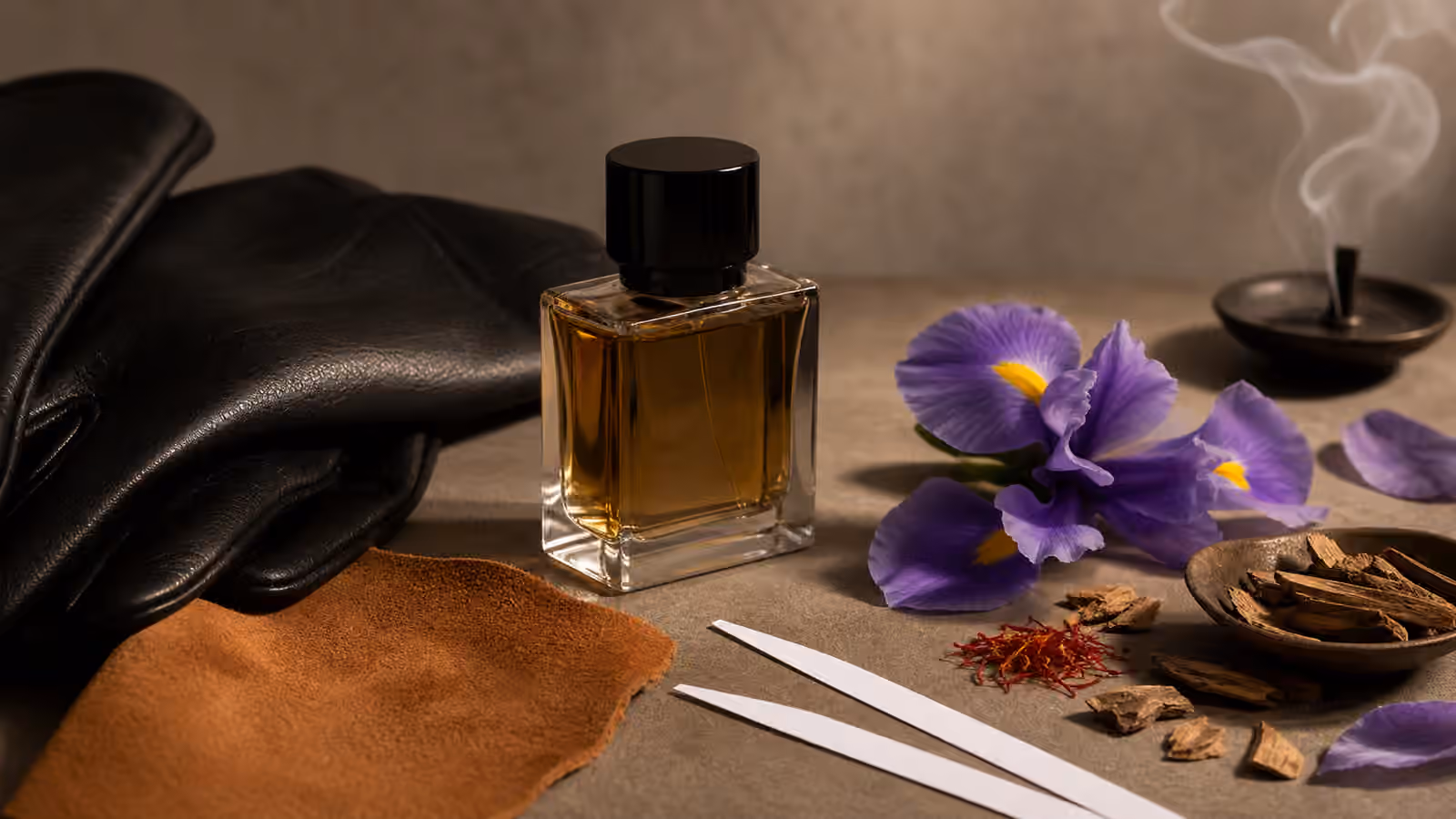An unbranded perfume bottle with leather, suede, iris petals, saffron, cedar chips, blotters, and incense smoke for leather and suede scents.