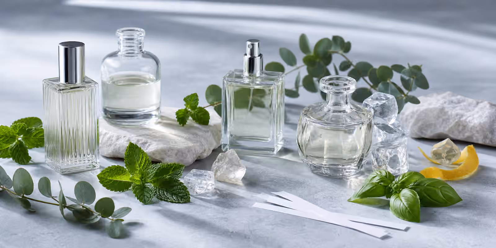 Unbranded perfume bottles with mint leaves, eucalyptus sprigs, citrus peel, basil, pale stones, ice-like glass cubes, and blotter strips.