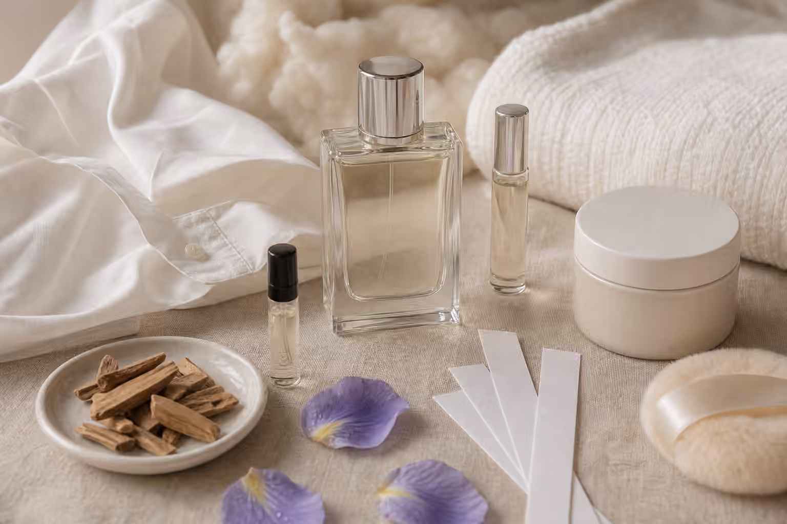 An unbranded perfume still life with clean cotton, blotters, lotion, a rollerball, pale flowers, and sandalwood for musk and skin scents.