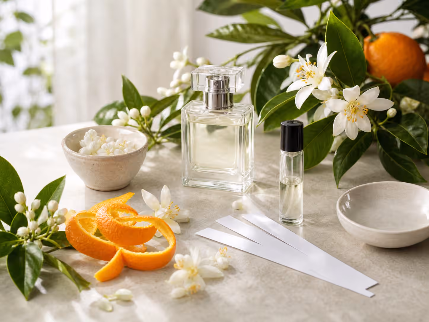 An unbranded perfume bottle with orange blossoms, citrus leaves, orange peel, blank blotters, a sample vial, and pale petals.