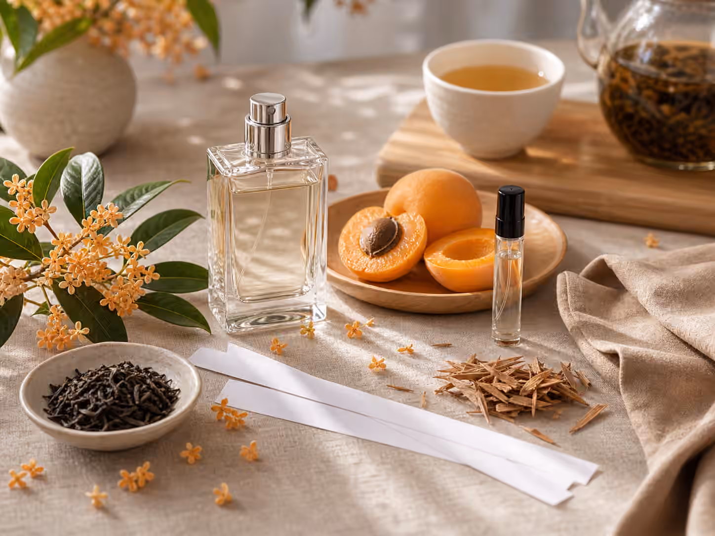 An unbranded perfume bottle with tiny orange blossoms, apricot slices, black tea leaves, pale suede fabric, cedar chips, blotters, and a sample vial.