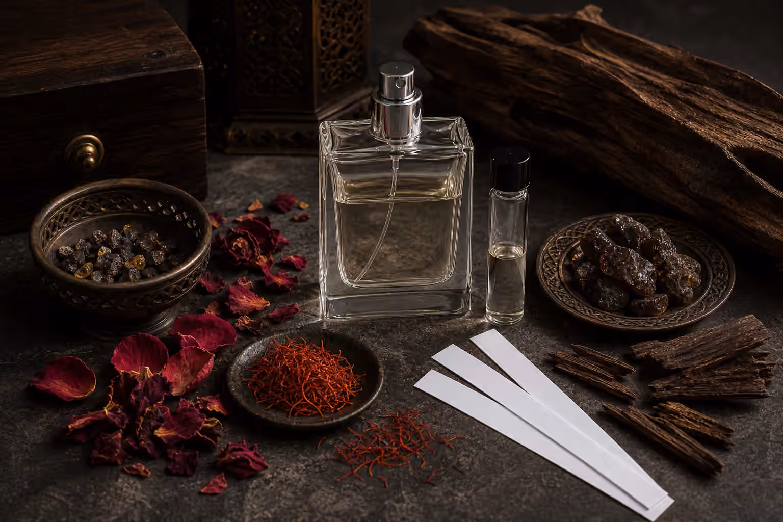 An unbranded perfume bottle with dark agarwood-like chips, resin pieces, saffron-like threads, rose petals, a small unlit incense bowl, a sample vial, and blotter strips.