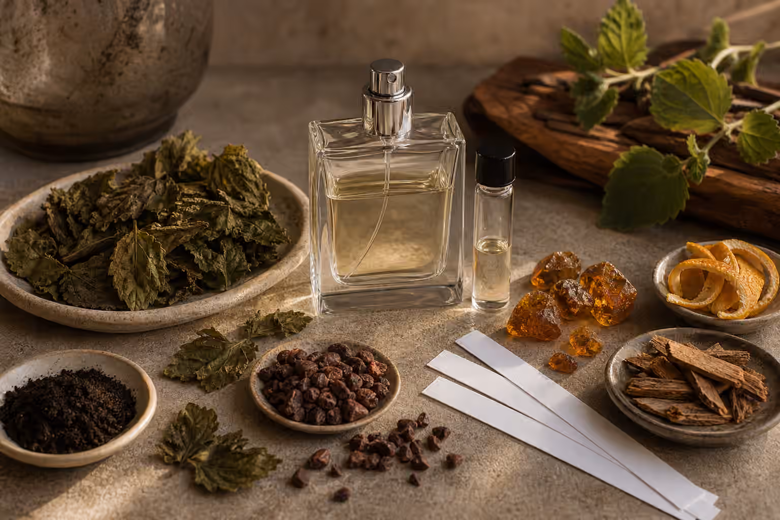 An unbranded perfume bottle with dried patchouli leaves, fresh green leaves, dark earth, cacao nibs, amber resin, citrus peel, wood chips, a sample vial, and blotter strips.