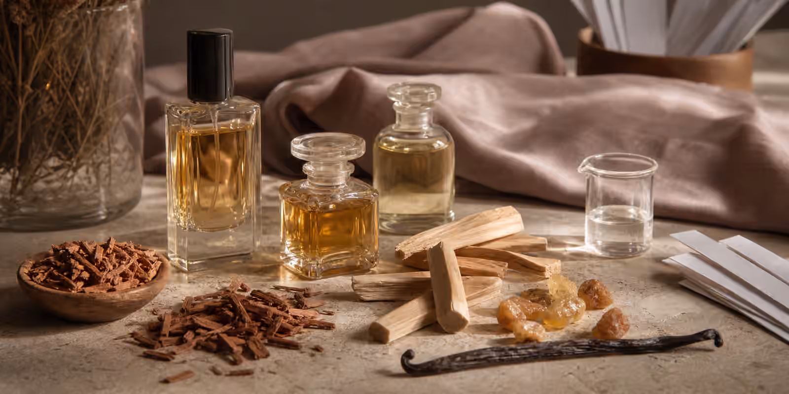 Unbranded perfume bottles with cedar chips, resin pieces, vanilla bean, musk-colored fabric, blotter strips, and a small glass beaker on a studio table.