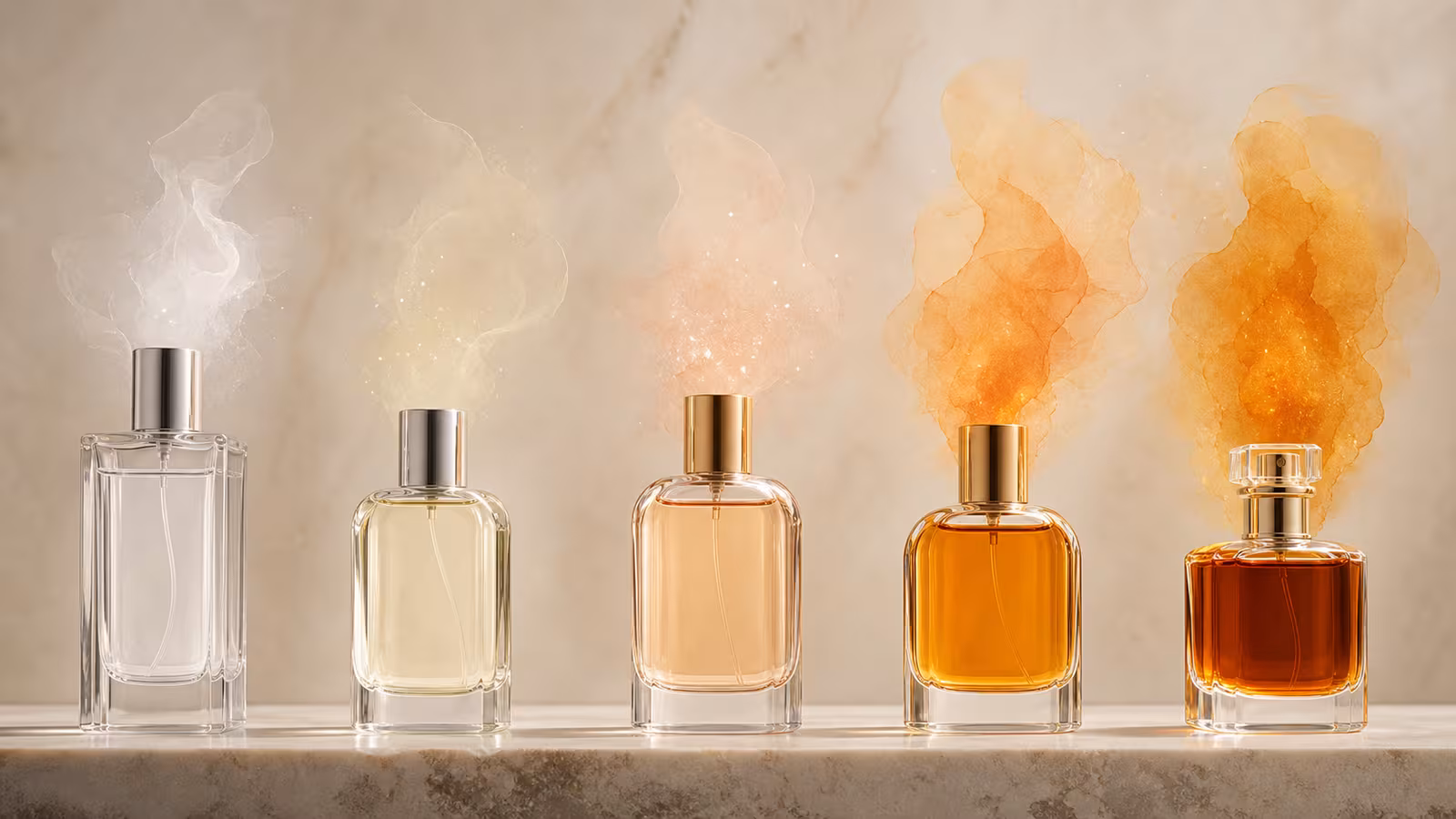 Five unbranded fragrance bottles arranged from light body mist to rich parfum with soft color and material cues.