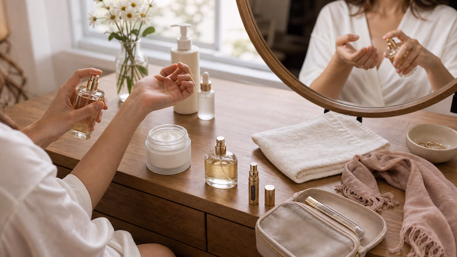 A perfume longevity routine with unscented lotion, perfume bottle, wrist application, scarf, travel spray, and clean towel