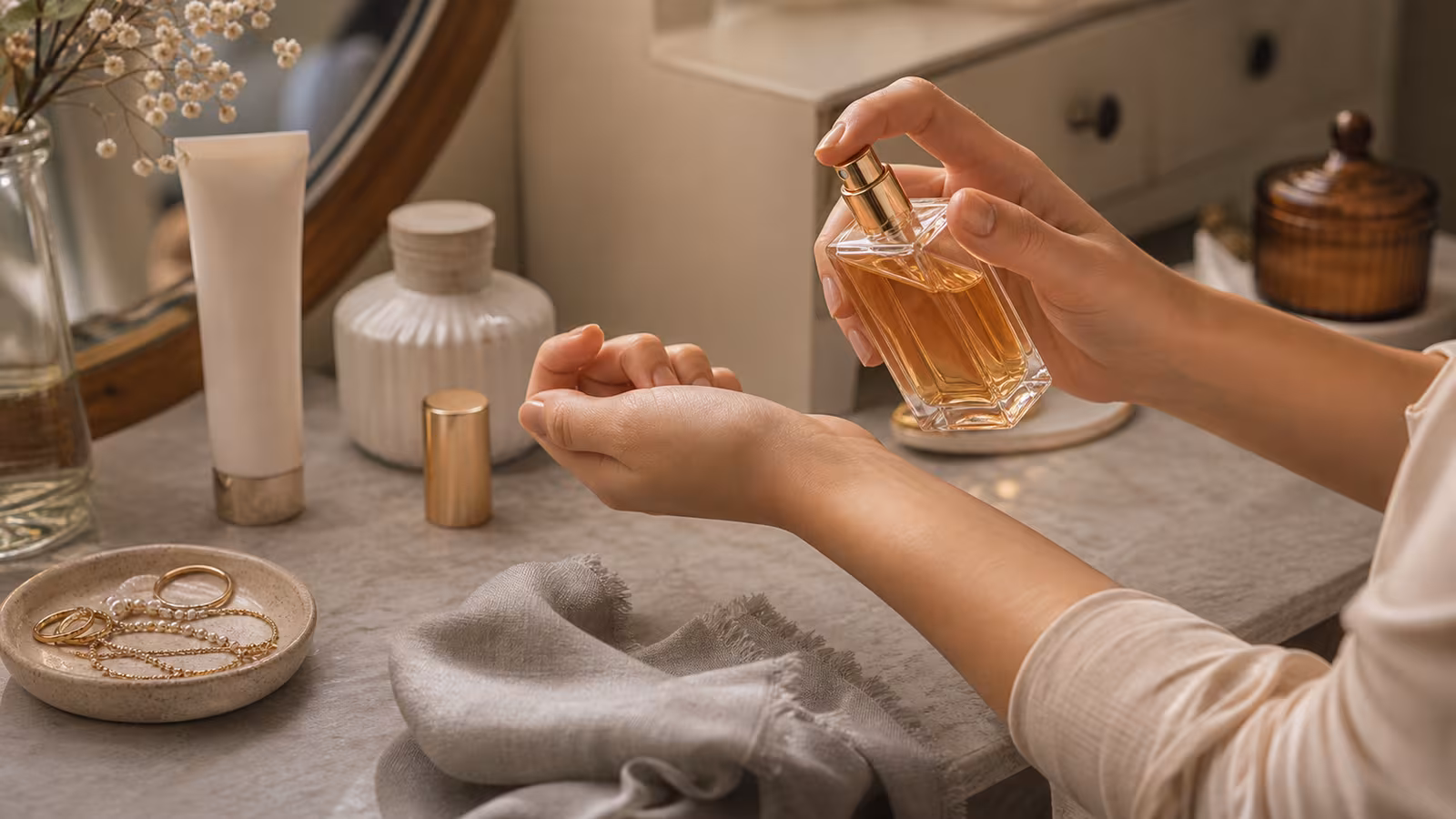 A perfume bottle beside a wrist, a scarf edge, a jewelry dish, and a closed drawer arranged to show careful application and storage.