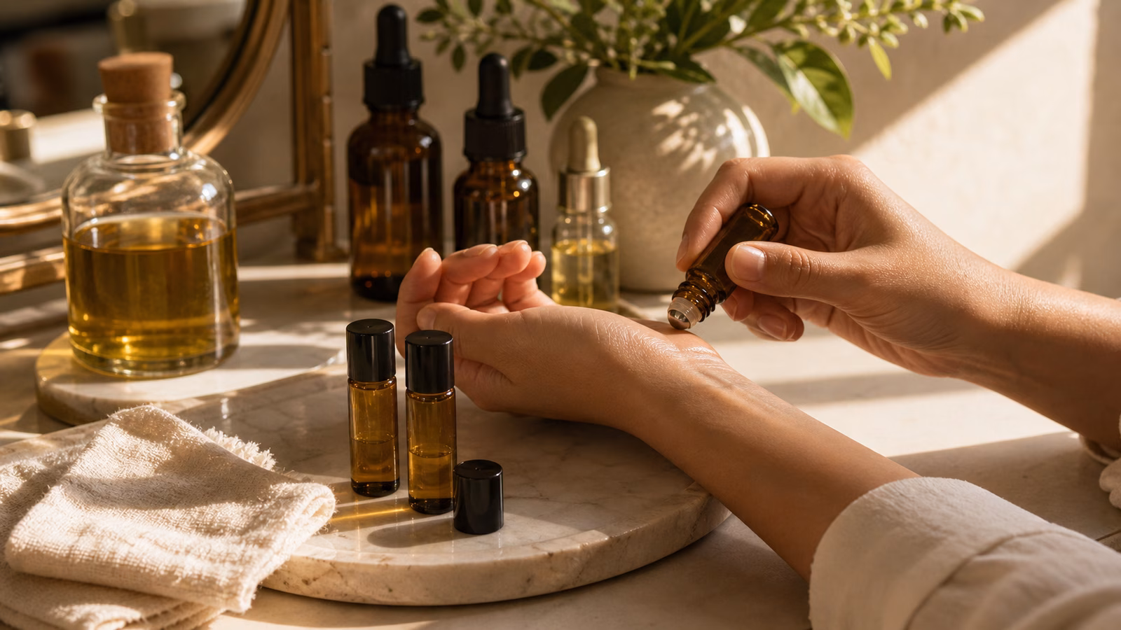 A perfume oil setup with rollerballs, dropper bottles, amber glass, cotton cloth, and wrist application
