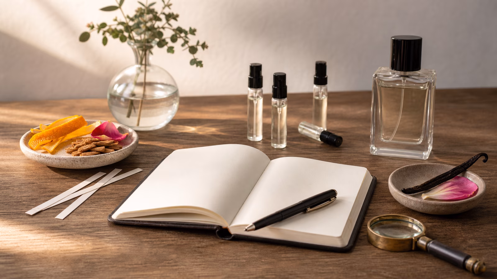A fragrance research desk with sample vials, blotters, a blank notebook, citrus peel, rose petal, cedar chips, vanilla bean, and magnifying glass.