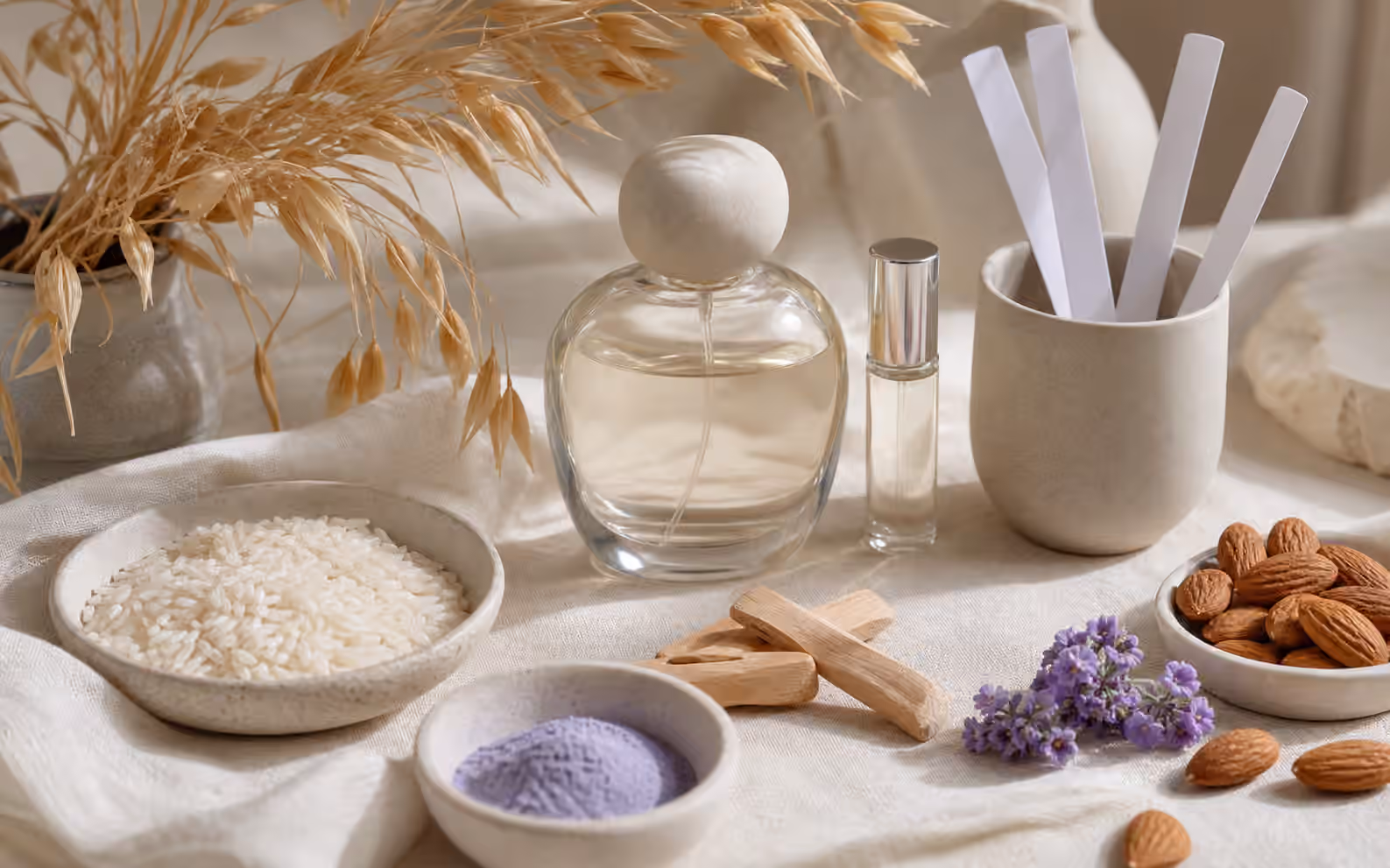 An unbranded perfume bottle with rice grains, almonds, oat stems, soft purple flowers, pale powder, woods, blotters, and a sample vial.