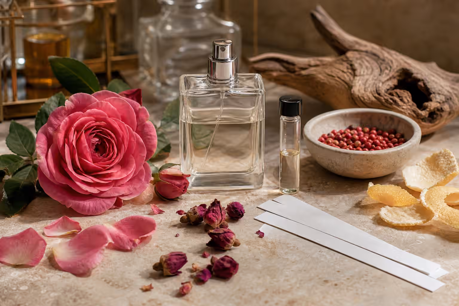 An unbranded perfume bottle with rose petals, dried rosebuds, pink peppercorns, citrus peel, wood, a sample vial, and blotter strips.