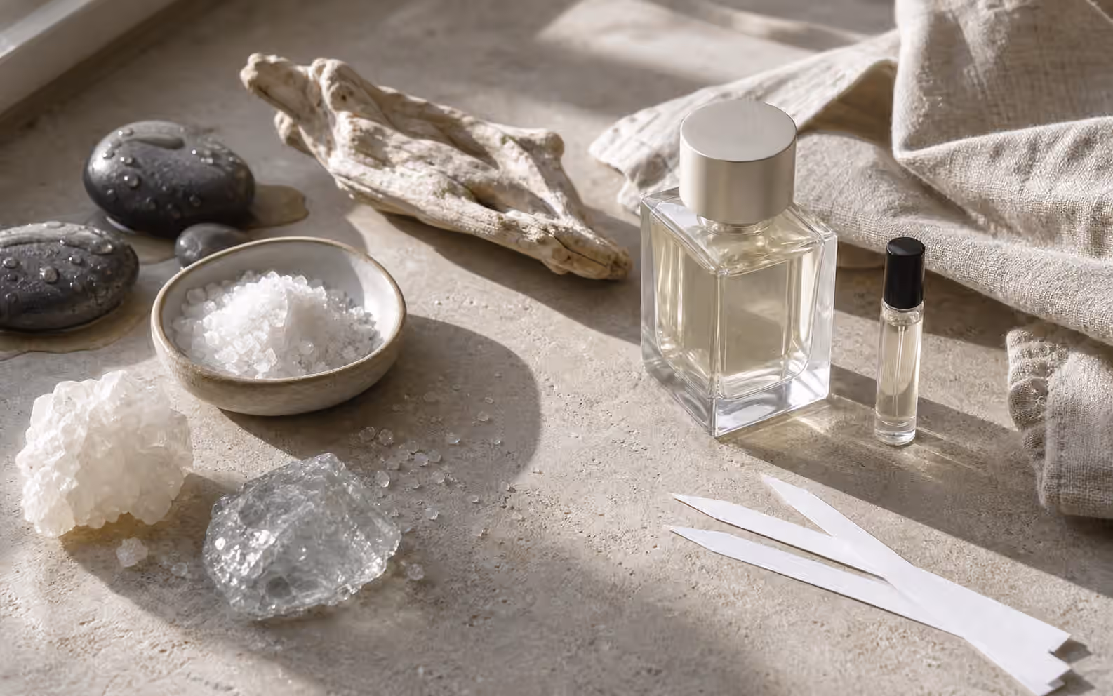 An unbranded perfume bottle with sea salt, wet stones, mineral crystals, driftwood, blotters, linen, and a sample vial.
