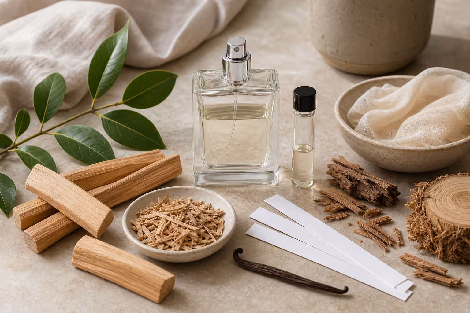An unbranded perfume bottle with sandalwood pieces, cedar shavings, pale fabric, vanilla bean, green leaves, a sample vial, and blotter strips.