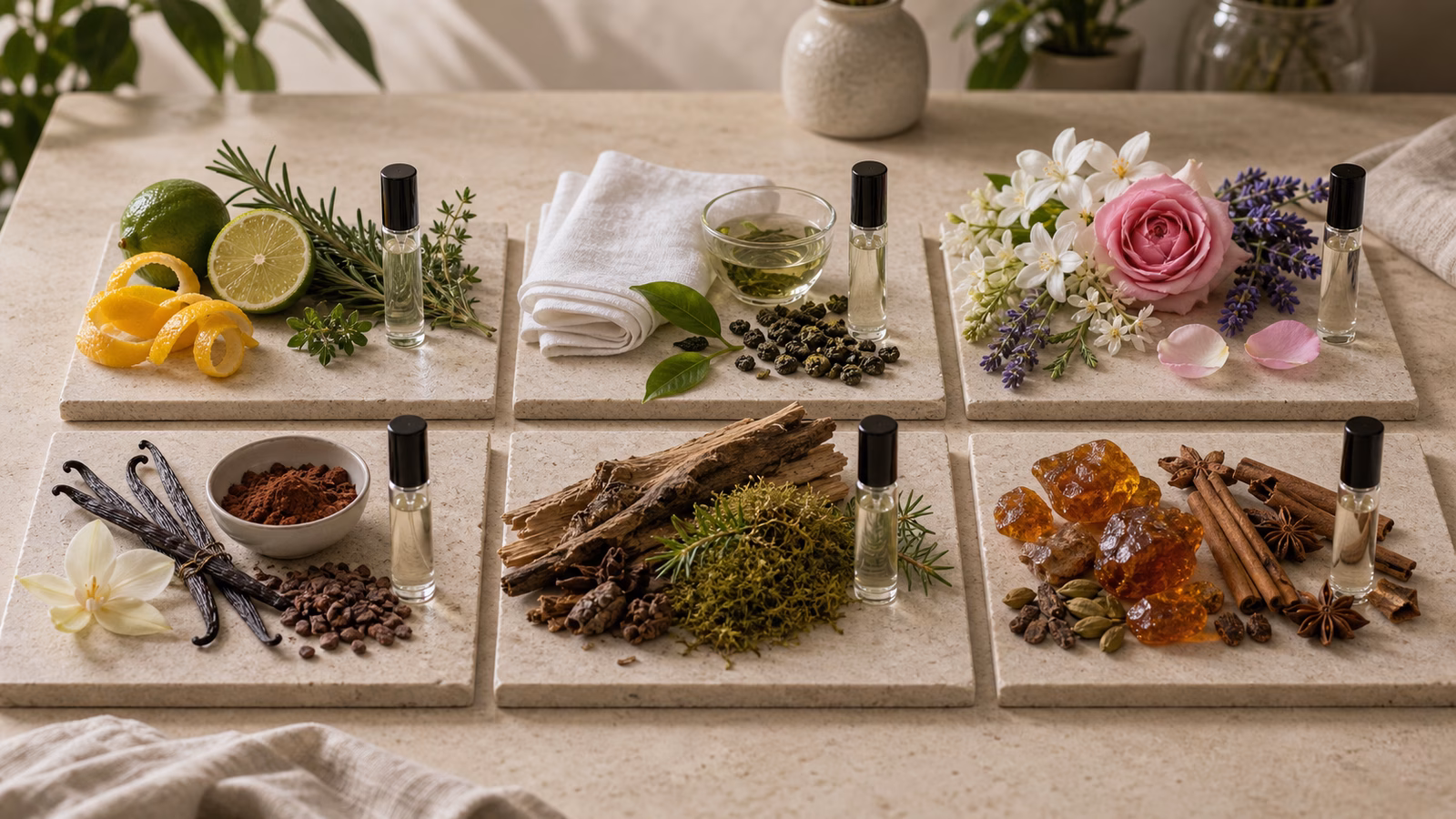 A scent family material grid with citrus, herbs, linen, tea, flowers, vanilla, cocoa, woods, moss, amber, and sample vials