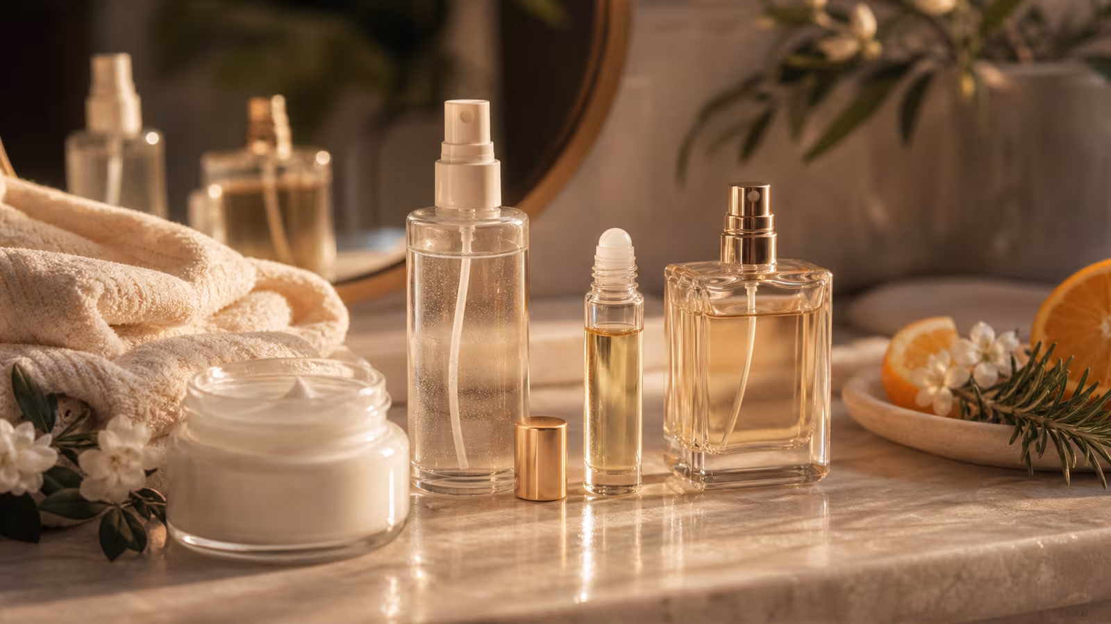 A scent layering routine with an unscented lotion jar, body mist, perfume oil rollerball, spray bottle, towel, citrus, herbs, and flowers.