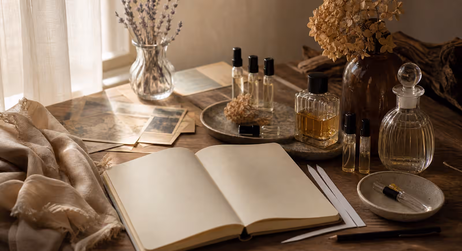 A quiet fragrance desk with unbranded perfume bottles, old postcards with no readable text, dried flowers, a scarf, sample vials, and blotter strips.