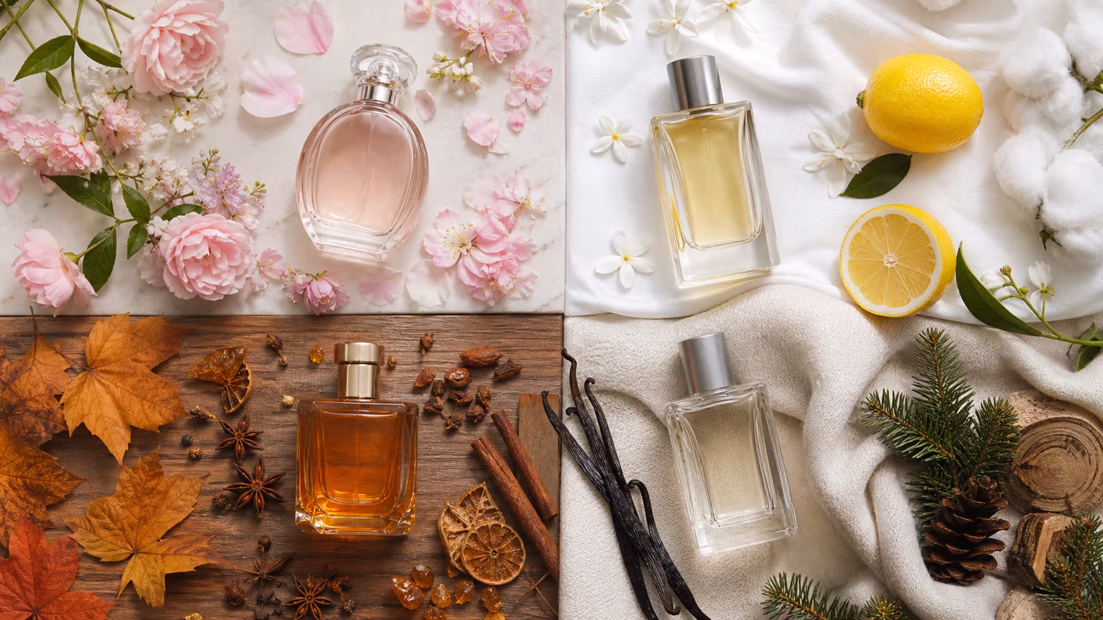 Four seasonal fragrance zones with spring flowers, summer citrus, autumn spices, winter woods, and matching perfume bottles.