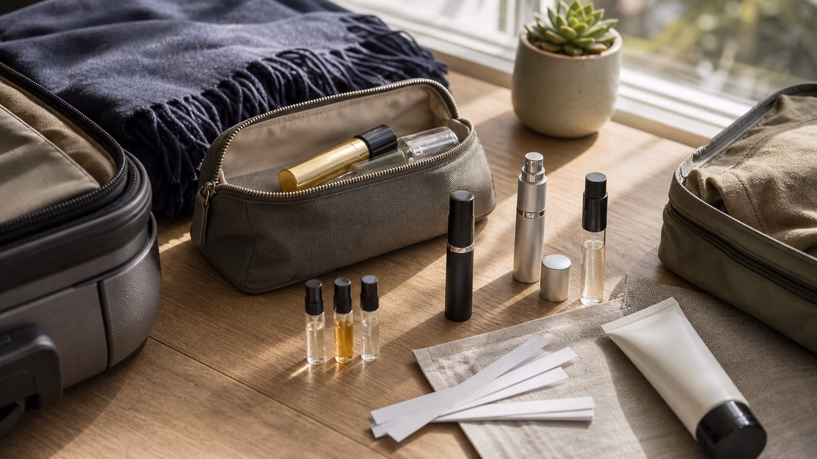 A calm packing surface with unbranded travel atomizers, sample vials, blotter strips, a toiletry pouch, a folded scarf, and a carry-on bag edge
