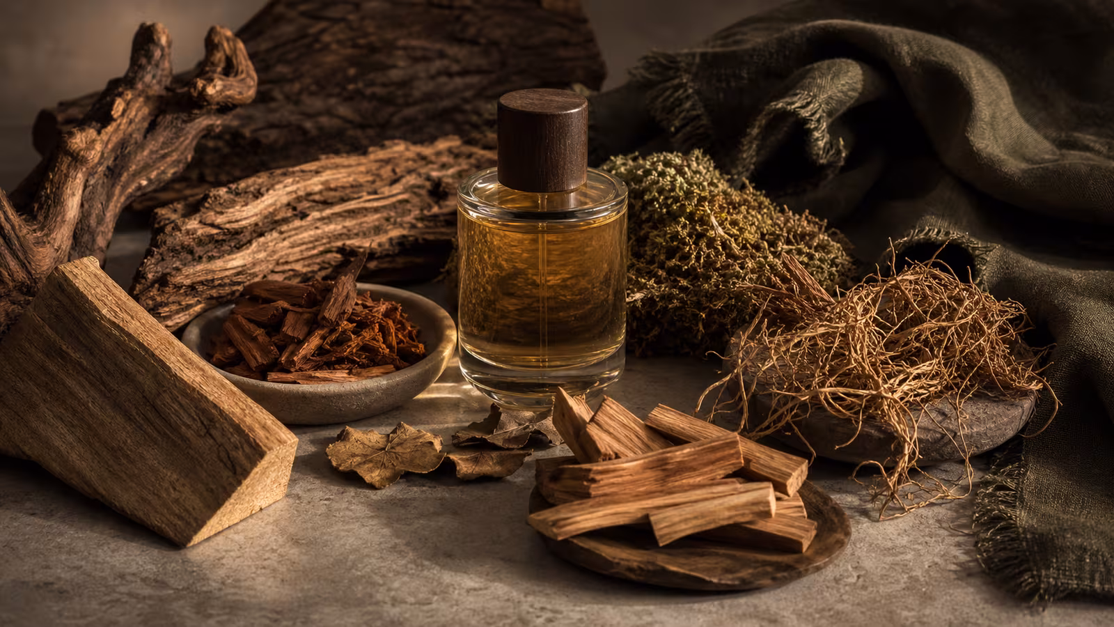 A fragrance bottle beside cedar chips, sandalwood, vetiver roots, moss, dry leaves, and a dark green scarf for woody fragrance notes.