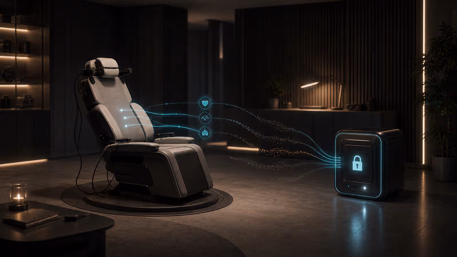 A full dive VR chair sending only a few necessary signal traces toward a local privacy vault.