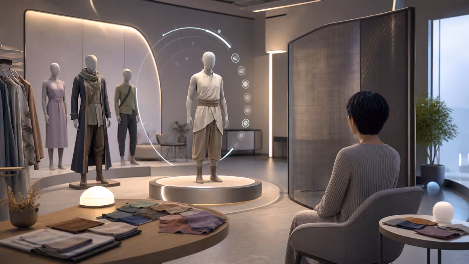 A full dive VR avatar preparation studio with wardrobe forms, fabric samples, privacy screens, and calibration rings.