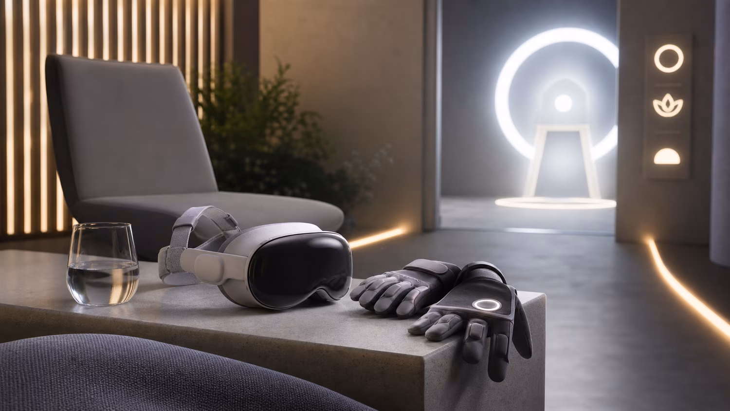 A calm futuristic VR room with a headset, haptic gloves, chair, water glass, and soft reorientation lighting.