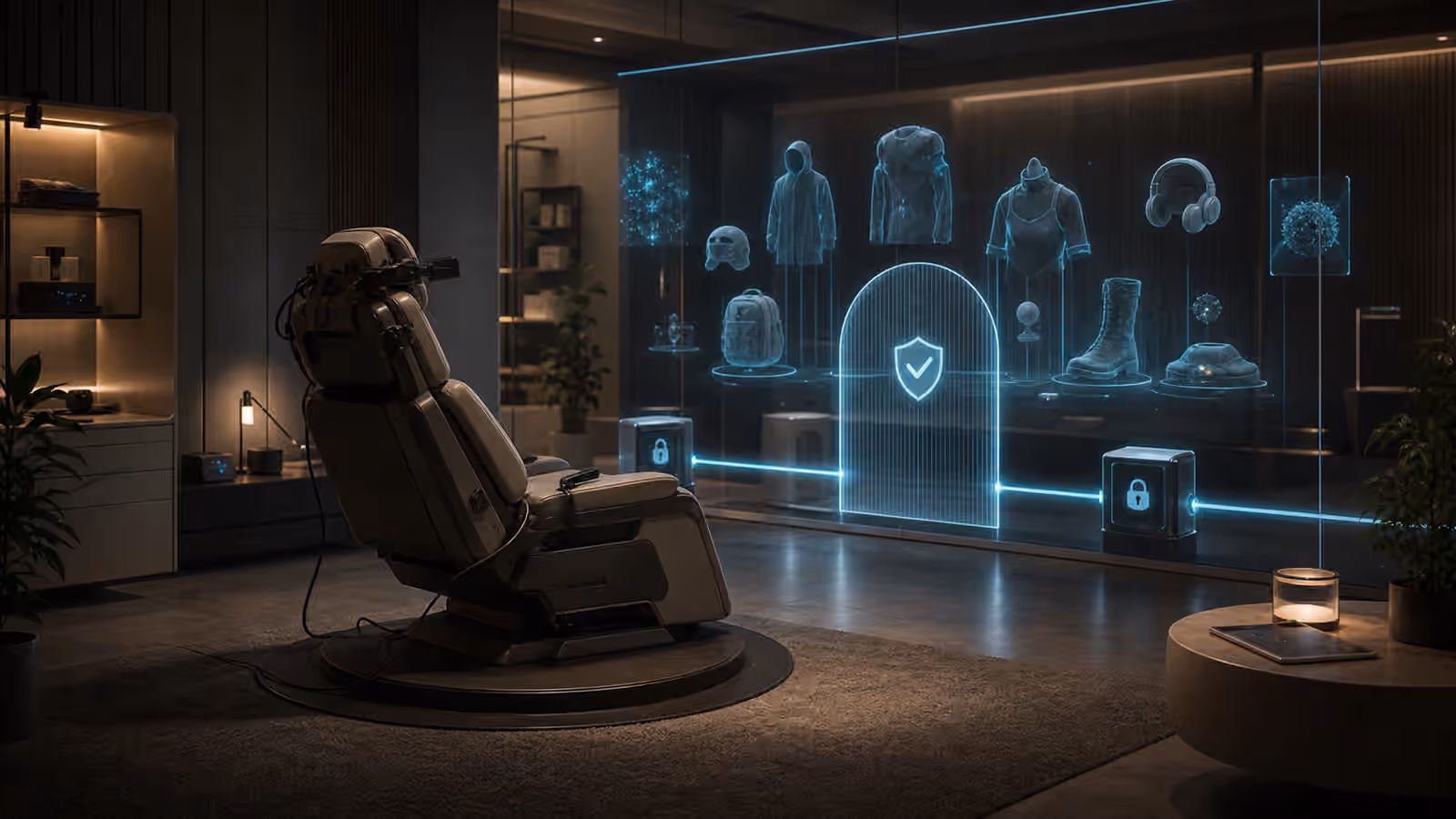 A full dive VR chair facing a quiet virtual market behind a transparent consent threshold.