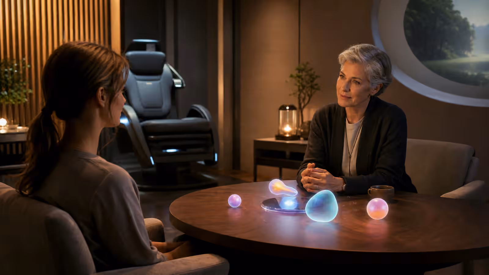 A quiet full dive VR debrief room with a user, facilitator, dimmed chair, and small glowing memory objects on a table.