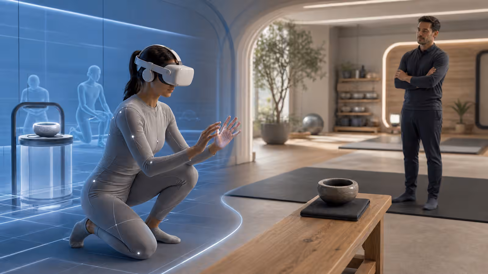 A full dive VR training studio where a participant rehearses a hand movement beside matching physical practice props.
