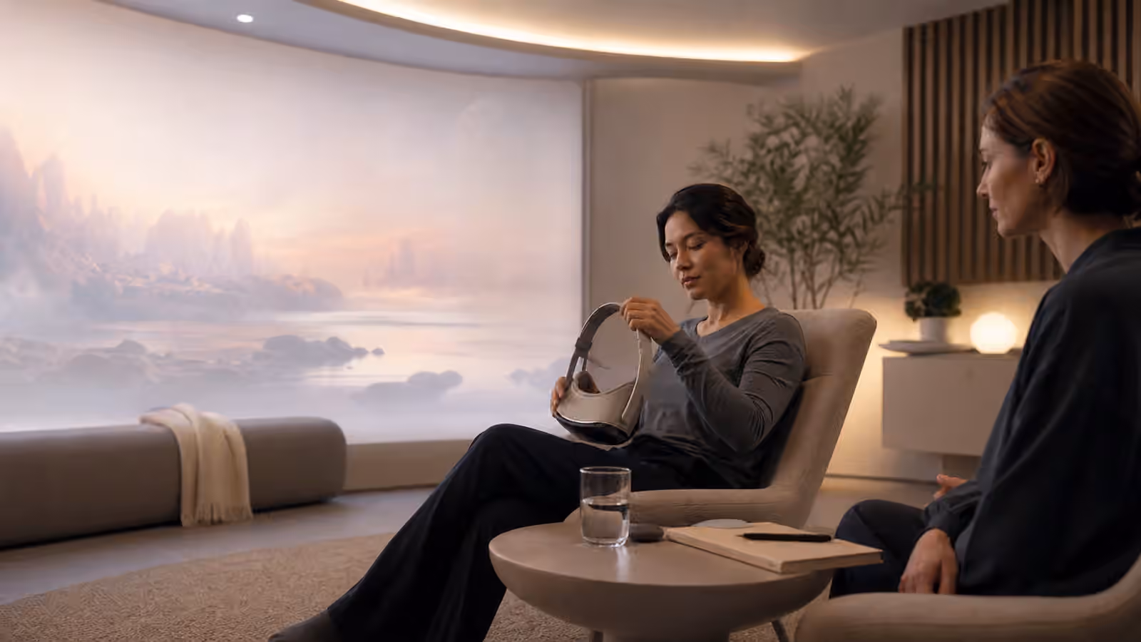 A quiet full dive VR reorientation lounge where a participant returns from immersion with water, soft light, and a fading virtual landscape.
