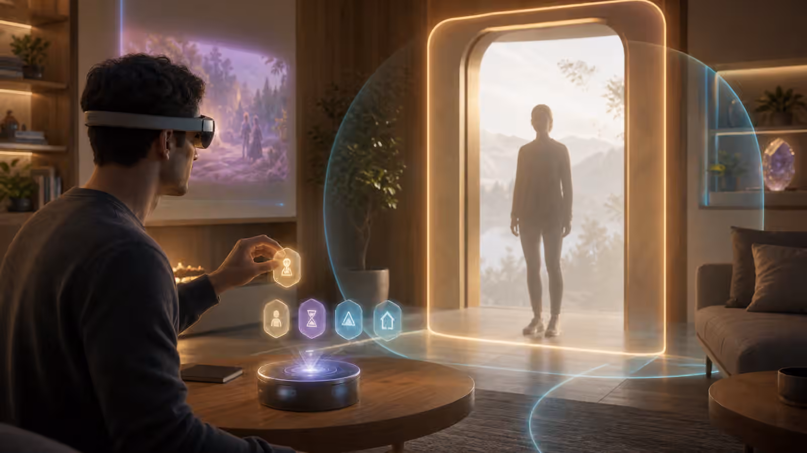 A home full dive VR room with a host setting temporary visitor access beside a softly lit threshold and abstract key tokens.