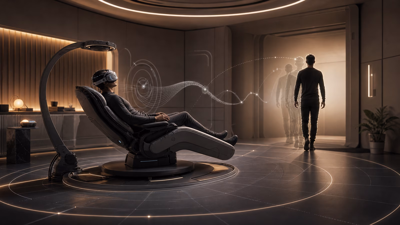 A calm near-future full dive calibration room with a neural-interface chair, haptic floor grid, sensor arcs, and ghosted body outlines suggesting drift correction.