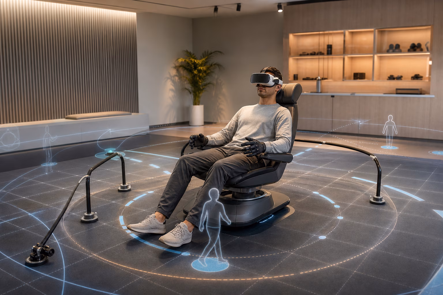 A participant seated in a full dive VR locomotion calibration room with haptic gloves, balance rails, and projected movement paths.