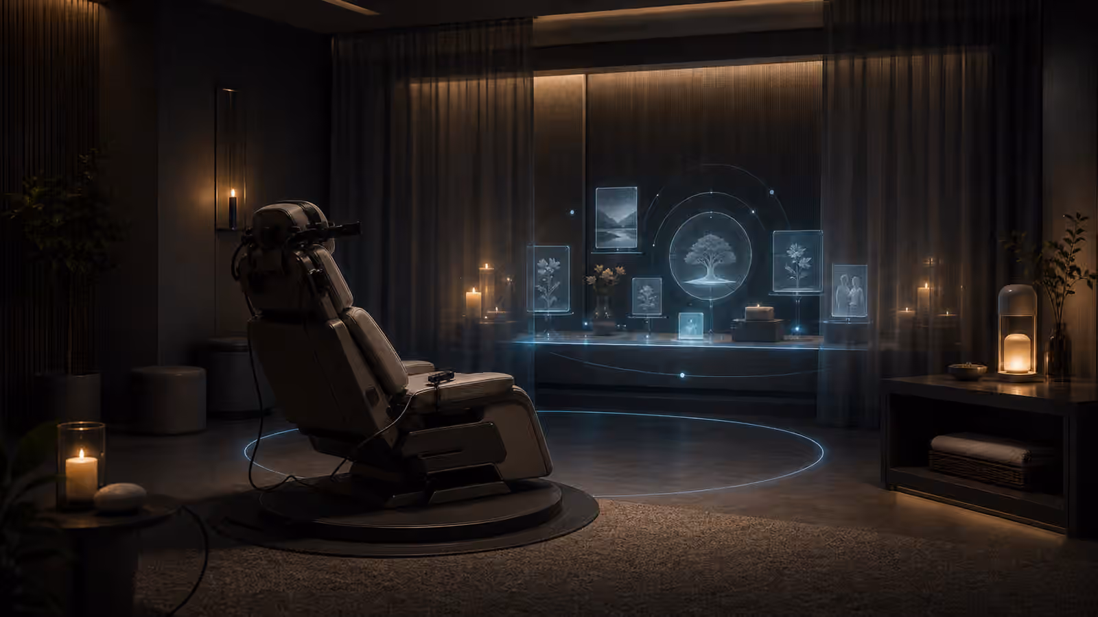 A quiet full dive VR memorial room with an empty chair and softly lit archive objects.