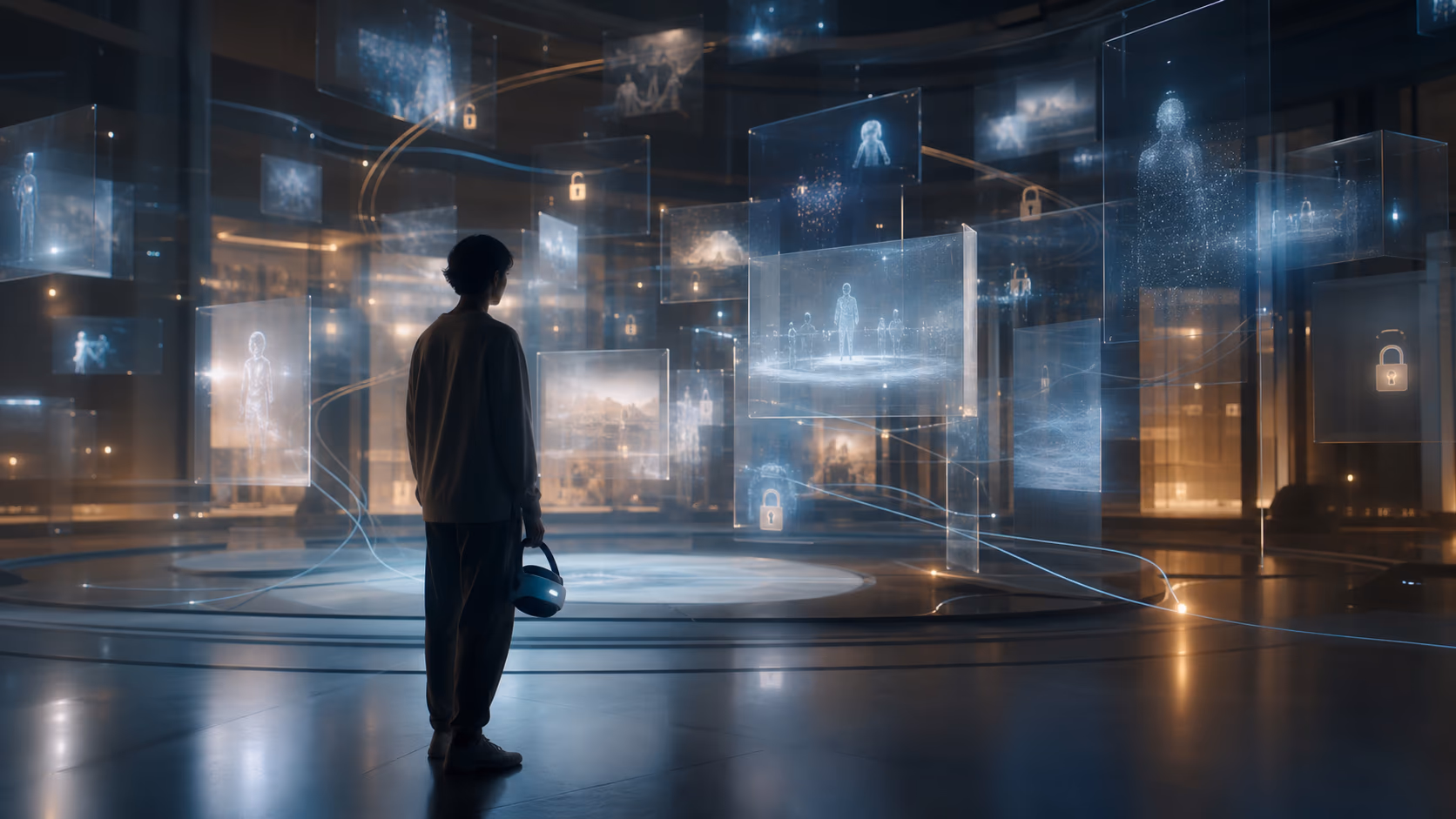 A thoughtful full dive VR memory rights scene with a person standing before a glowing archive of abstract virtual rooms, body silhouettes, consent locks, and private memory fragments rendered as unreadable light panels, realistic cinematic technology photography, no readable text