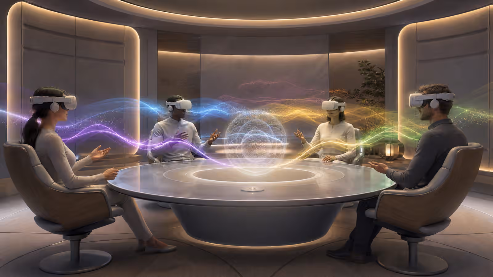 Full dive VR participants around a circular table with colored voice ribbons passing through a neutral translation layer.
