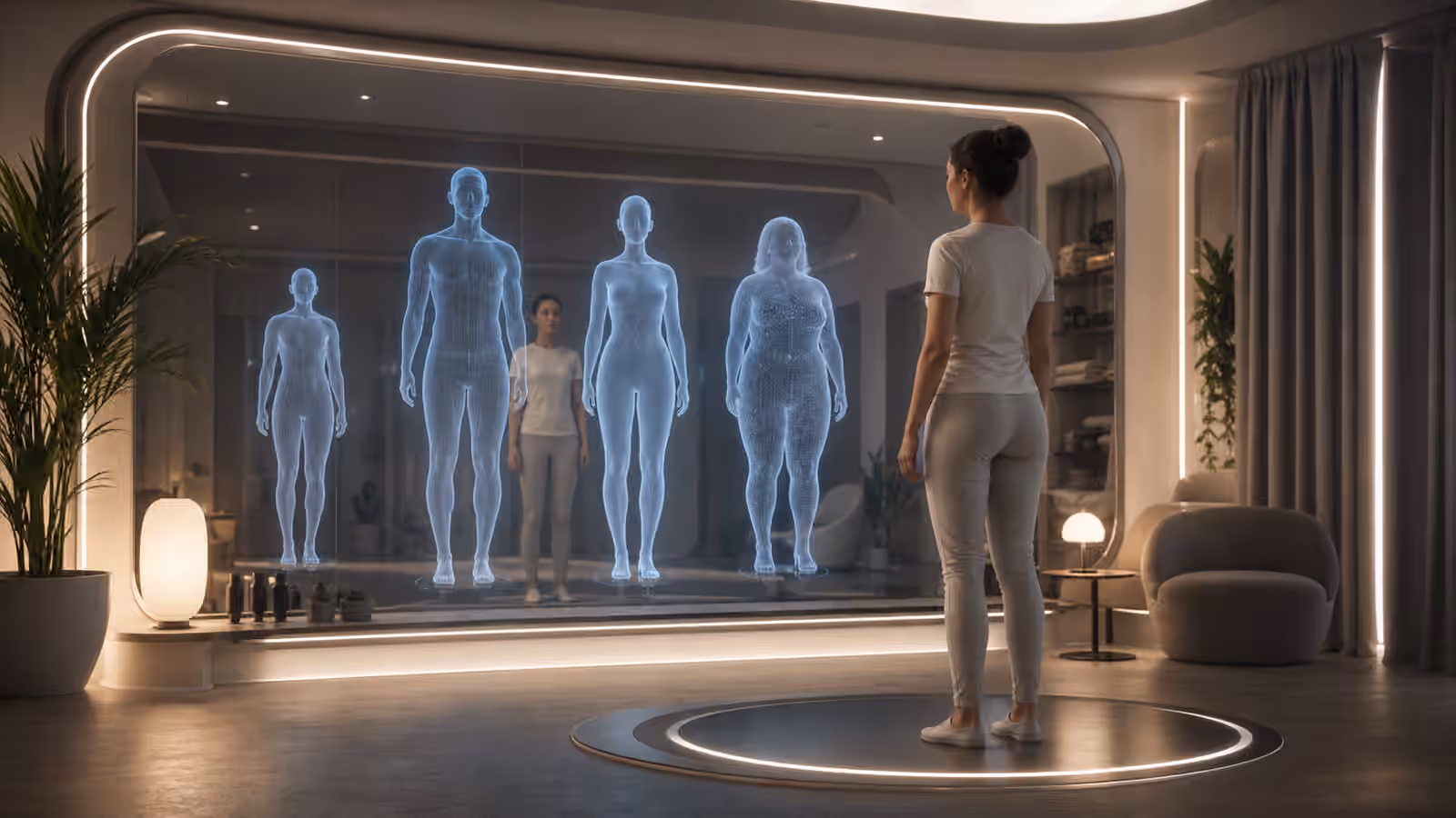 A full dive VR calibration studio with a user facing several translucent avatar body silhouettes.