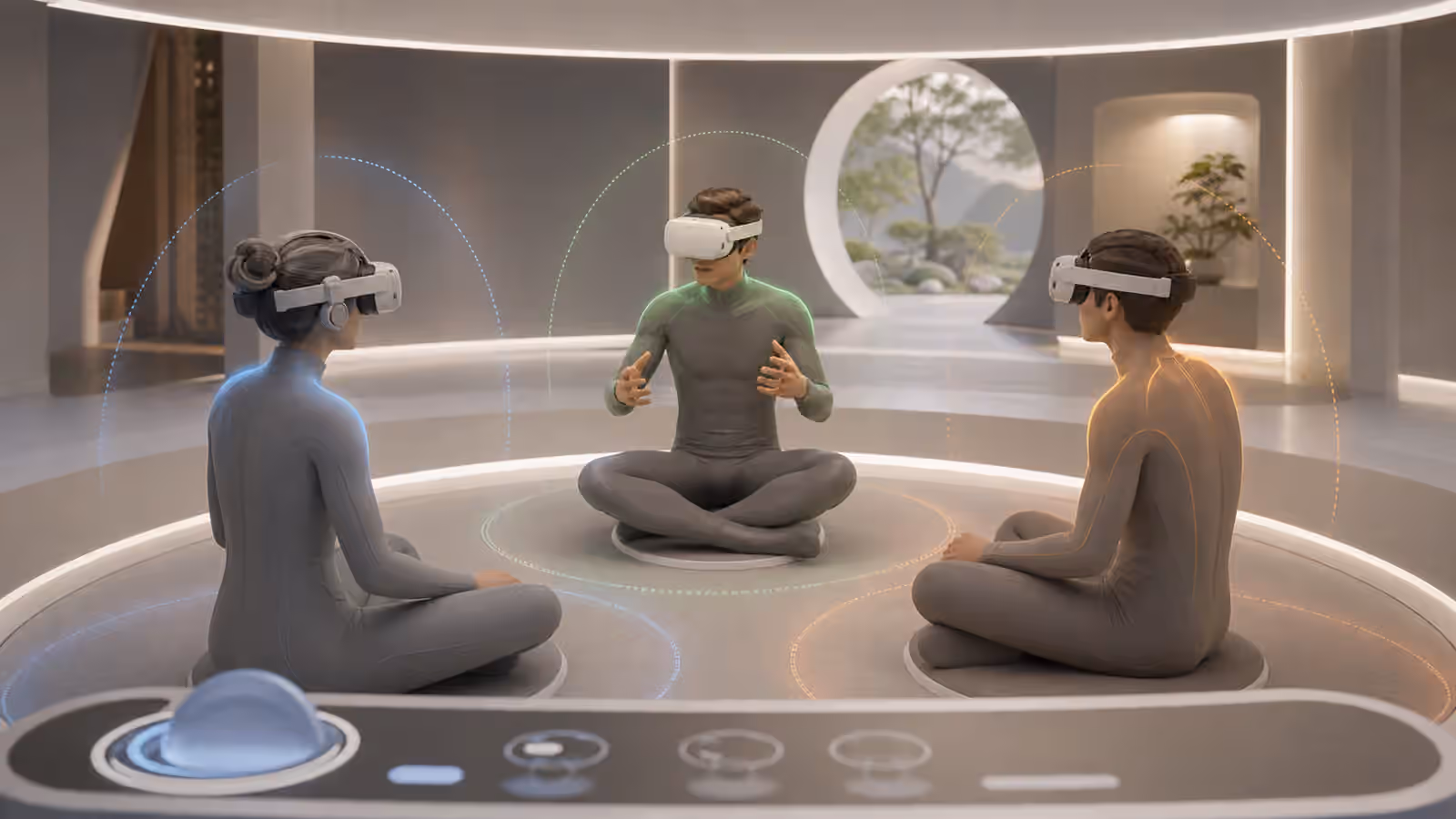 Three full dive VR participants seated in a calm shared room with subtle personal-space rings.