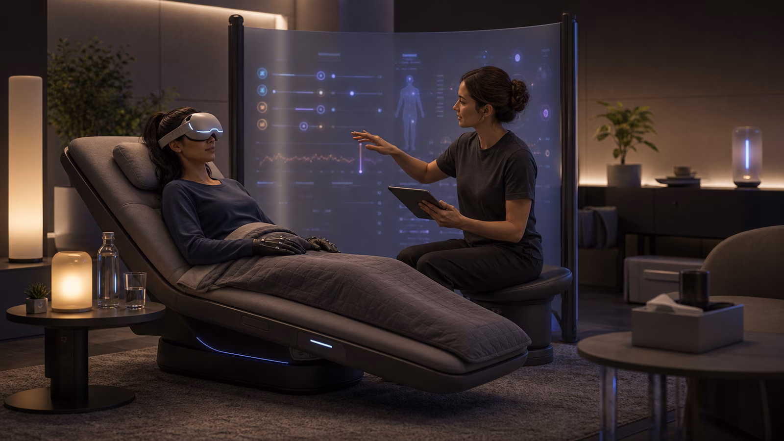 A full dive VR calibration room where a facilitator and participant calmly review sensation and comfort thresholds before immersion.